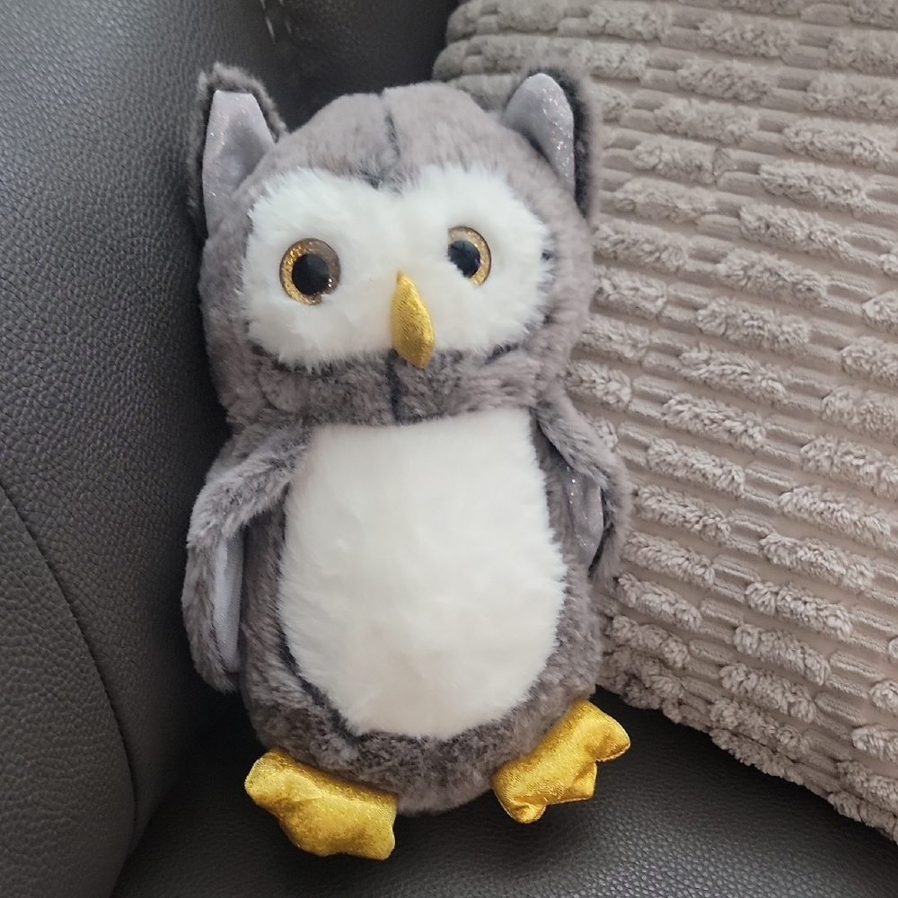 Gray and White Plush Owl Bird Toy with Gold Beak & Feet